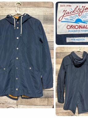 Jack & Jones Jacket Hooded Long Snap Button Jacket Men’s M Blue Lightweight